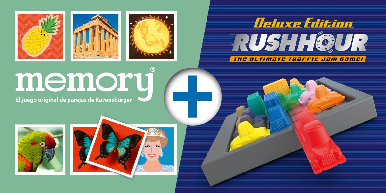 Paquete: memory® – El juego original de parejas de Ravensburger + Rush Hour® Deluxe – The ultimate traffic jam game!