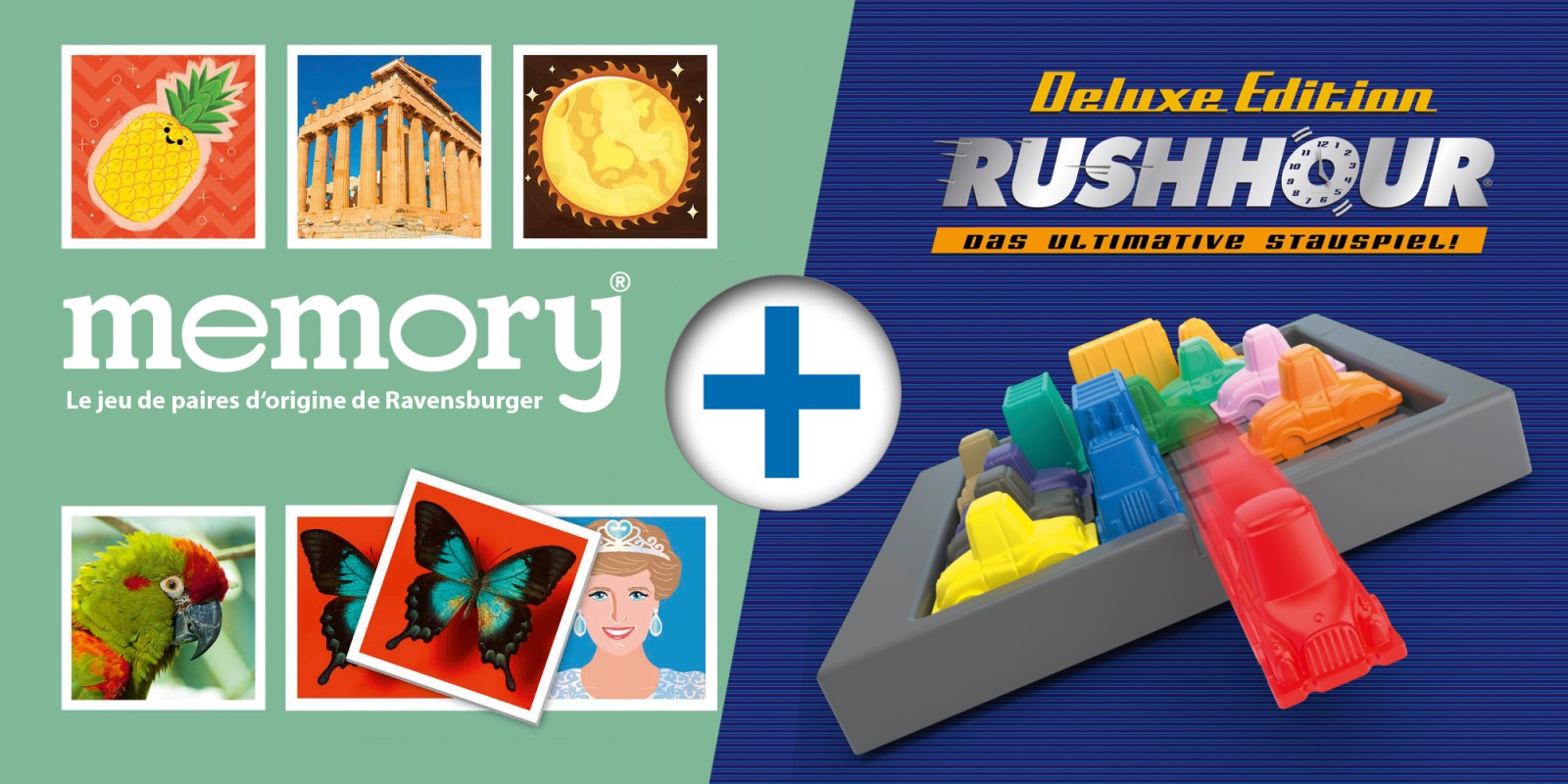 Paquet: memory® – Le jeu de paires d'origine de Ravensburger + Rush Hour® Deluxe – The ultimate traffic jam game!