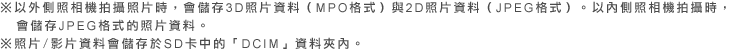 ※以外側照相機拍攝照片時，會儲存3D照片資料（MPO格式）與2D照片資料（JPEG格式）。以內側照相機拍攝時，會儲存JPEG格式的照片資料。※照片/影片資料會儲存於SD卡中的「DCIM」資料夾內。