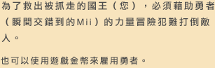 為了救出被抓走的國王（您），必須藉助勇者（瞬間交錯到的Mii）的力量冒險犯難打倒敵人。也可以使用遊戲金幣來雇用勇者。