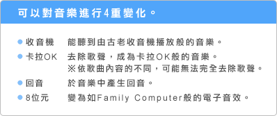 可以對音樂進行4重變化。 ●收音機 能聽到由古老收音機播放般的音樂。 ●卡拉OK 去除歌聲，成為卡拉OK般的音樂。※依歌曲內容的不同，可能無法完全去除歌聲。 ●回音 於音樂中產生回音。 ●8位元 變為如Family Computer般的電子音效。