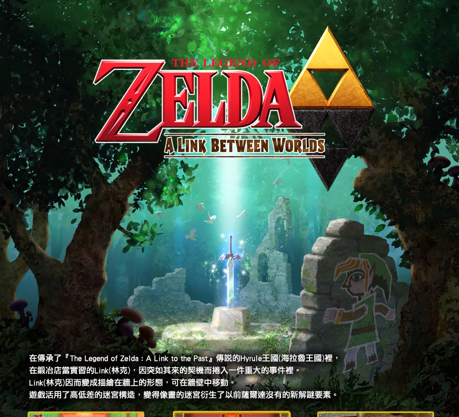 在傳承了『The Legend of Zelda : A Link to the Past』傳說的Hyrule王國(海拉魯王國)裡，
在鍛冶店當實習的Link(林克)，因突如其來的契機而捲入一件重大的事件裡。
Link(林克)因而變成描繪在牆上的形態，可在牆壁中移動。
遊戲活用了高低差的迷宮構造，變得像畫的迷宮洐生了以前薩爾達沒有的新解謎要素。