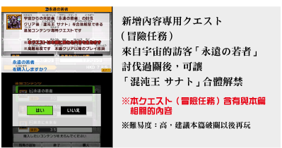 新增內容專用クエスト（冒險任務）來自宇宙的訪客 「永遠の若者」討伐過關後，可讓「 混沌王 サナト」 合體解禁