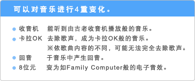 可以对音乐进行4重变化。 ●收音机 能听到由古老收音机播放般的音乐。 ●卡拉OK 去除歌声，成为卡拉OK般的音乐。※依歌曲内容的不同，可能无法完全去除歌声。 ●回音 于音乐中产生回音。 ●8位 变为如Family Computer般的电子音效。