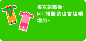 每次對戰後，Mii的服裝也會陸續增加。