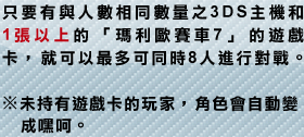 只要有與人數相同數量之3DS主機和1張以上的「瑪利歐賽車7」的遊戲?，就可以最多可同時8人進行對戰。