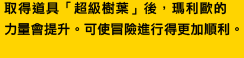 取得道具「超級樹葉」後，瑪利歐的力量會提升。可使冒險進行得更加順利。