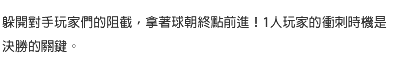 躲開對手玩家們的阻截，拿著球朝終點前進！1人玩家的衝刺時機是決勝的關鍵。