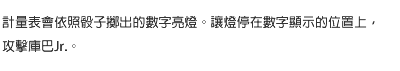 計量表會依照骰子擲出的數字亮燈。讓燈停在數字顯示的位置上，攻擊庫巴Jr.。