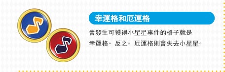 幸運格和厄運格 會發生可獲得小星星事件的格子就是幸運格。反之，厄運格則會失去小星星。