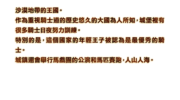 沙漠地帶的王國。 作為重視騎士道的歷史悠久的大國為人所知，城堡裡有很多騎士日夜努力訓練。 特別的是，這個國家的年輕王子被認為是最優秀的騎士。 城鎮還會舉行馬戲團的公演和馬匹賽跑，人山人海。