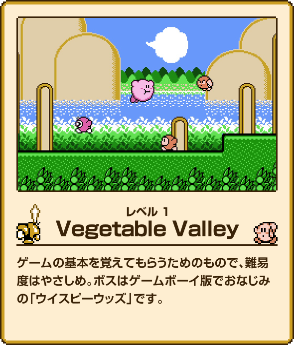 レベル1 Vegetable Valley ゲームの基本を覚えてもらうためのもので、難易度はやさしめ。ボスはゲームボーイ版でおなじみの「ウイスピーウッズ」です。