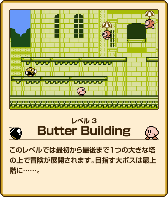 レベル3 Butter Building このレベルでは最初から最後まで1つの大きな塔の上で冒険が展開されます。目指す大ボスは最上階に……。