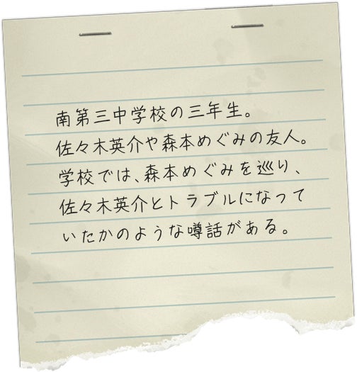 南第三中学校の三年生。佐々木英介や森本めぐみの友人。学校では、森本めぐみを巡り、佐々木英介とトラブルになっていたかのような噂話がある。