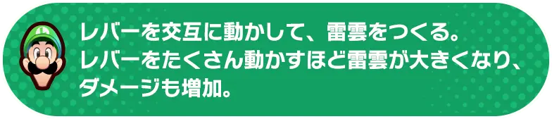 レバーを交互に動かして、雷雲をつくる。レバーをたくさん動かすほど雷雲が大きくなり、ダメージも増加。