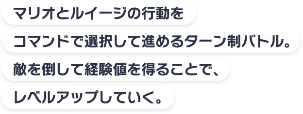 マリオとルイージの行動をコマンドで選択して進めるターン制バトル。敵を倒して経験値を得ることで、レベルアップしていく。