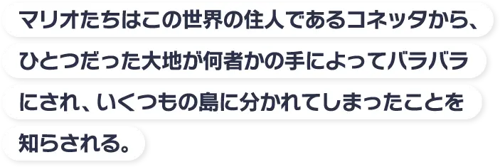 マリオたちはこの世界の住人であるコネッタから、ひとつだった大地が何者かの手によってバラバラにされ、いくつもの島に分かれてしまったことを知らされる。