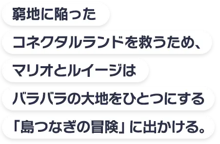 窮地に陥ったコネクタルランドを救うため、マリオとルイージはバラバラの大地をひとつにする「島つなぎの冒険」に出かける。