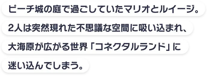 ピーチ城の庭で過ごしていたマリオとルイージ。2人は突然現れた不思議な空間に吸い込まれ、大海原が広がる世界「コネクタルランド」に迷い込んでしまう。