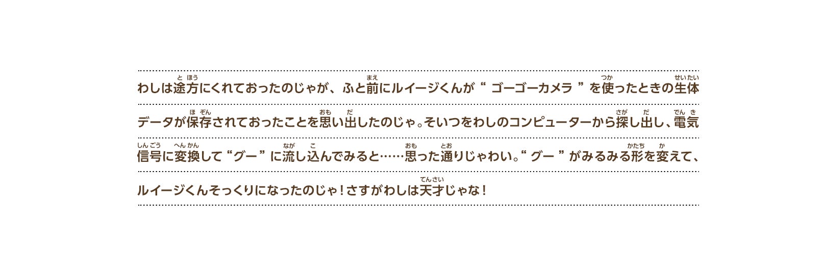 わしは途方にくれておったのじゃが、ふと前にルイージくんが“ゴーゴーカメラ”を使ったときの生体データが保存されておったことを思い出したのじゃ。そいつをわしのコンピューターから探し出し、電気信号に変換して“グー”に流し込んでみると……思った通りじゃわい。“グー”がみるみる形を変えて、ルイージくんそっくりになったのじゃ！さすがわしは天才じゃな！