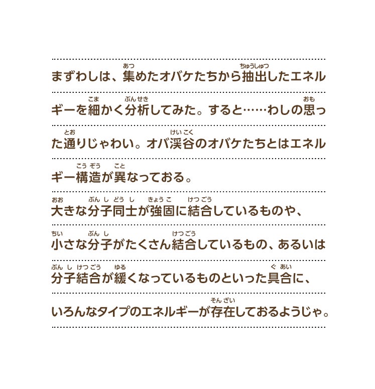 まずわしは、集めたオバケたちから抽出したエネルギーを細かく分析してみた。すると……わしの思った通りじゃわい。 オバ渓谷のオバケたちとはエネルギー構造が異なっておる。大きな分子同士が強固に結合しているものや、小さな分子がたくさん結合しているもの、あるいは分子結合が緩くなっているものといった具合に、いろんなタイプのエネルギーが存在しておるようじゃ。