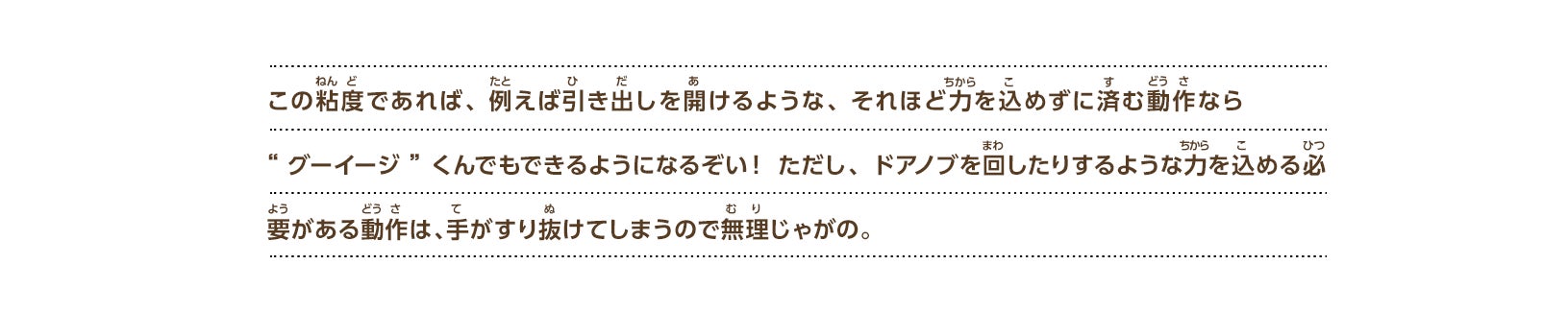 この粘度であれば、 例えば引き出しを開けるような、 それほど力を込めずに済む動作なら“グーイージ”くんでもできるようになるぞい！ ただし、ドアノブを回したりするような力を込める必要がある動作は、手がすり抜けてしまうので無理じゃがの。