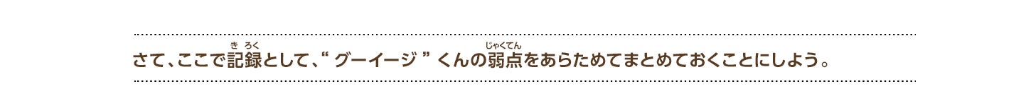 さて、ここで記録として、“グーイージ”くんの弱点をあらためてまとめておくことにしよう。