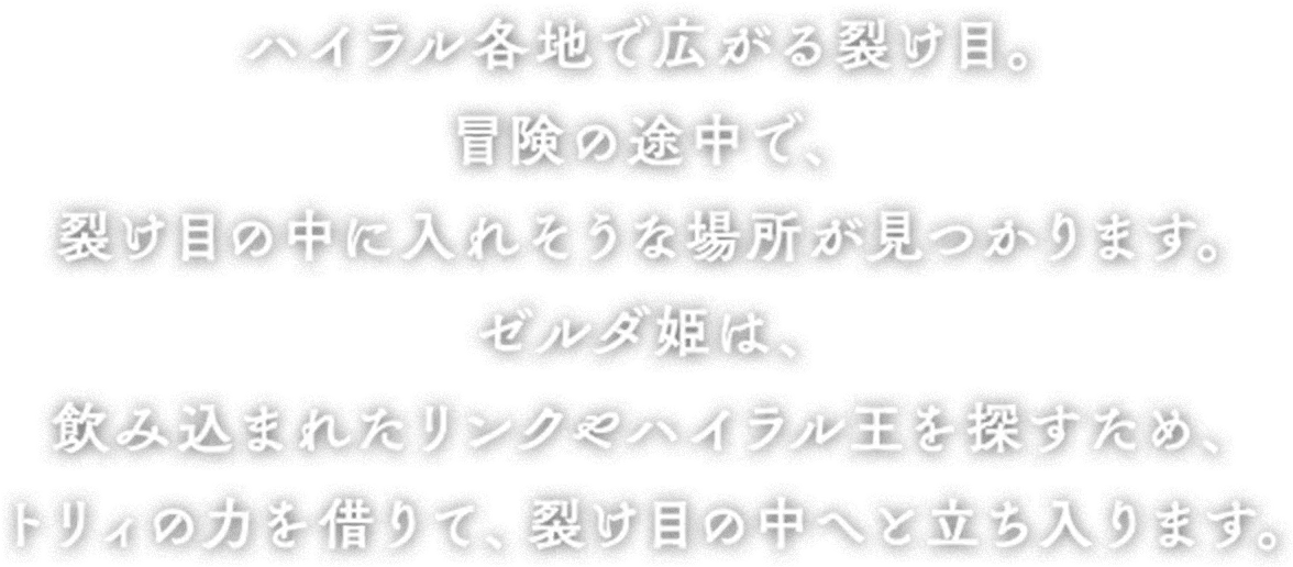 ハイラル各地で広がる裂け目。冒険の途中で、裂け目の中に入れそうな場所が見つかります。ゼルダ姫は、飲み込まれたリンクやハイラル王を探すため、トリィの力を借りて、裂け目の中へと立ち入ります。