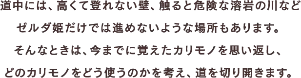 道中には、高くて登れない壁、触ると危険な溶岩の川などゼルダ姫だけでは進めないような場所もあります。そんなときは、今までに覚えたカリモノを思い返し、どのカリモノをどう使うのかを考え、道を切り開きます。