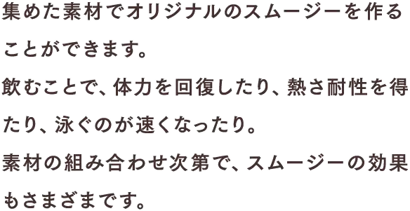 集めた素材でオリジナルのスムージーを作ることができます。飲むことで、体力を回復したり、熱さ耐性を得たり、泳ぐのが速くなったり。素材の組み合わせ次第で、スムージーの効果もさまざまです。