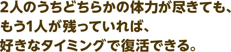 2人のうちどちらかの体力が尽きても、もう1人が残っていれば、好きなタイミングで復活できる。