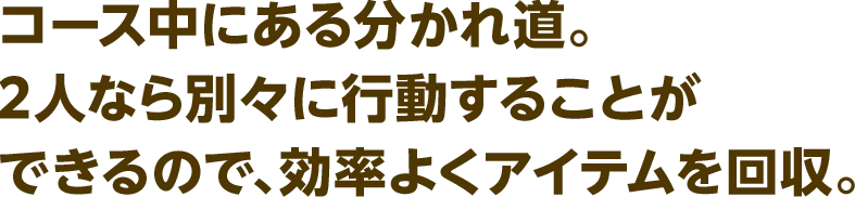 コース中にある分かれ道。2人なら別々に行動することができるので、効率よくアイテムを回収。