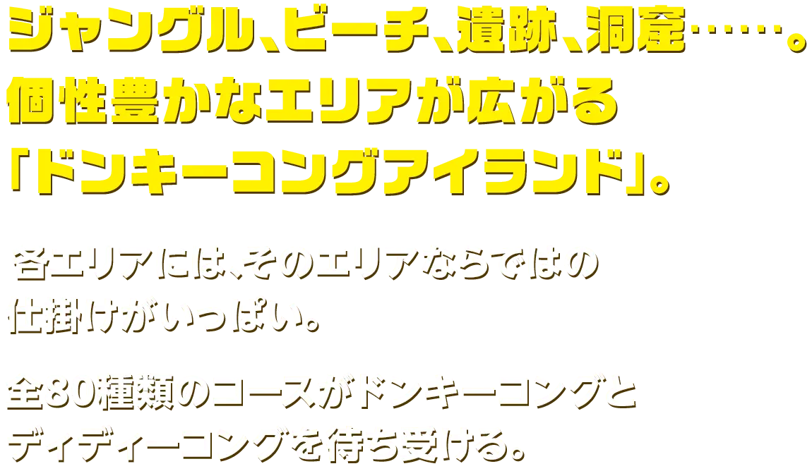 ジャングル、ビーチ、遺跡、洞窟……。個性豊かなエリアが広がる「ドンキーコングアイランド」。
                  各エリアには、そのエリアならではの仕掛けがいっぱい。
                  全80種類のコースがドンキーコングとディディーコングを待ち受ける。