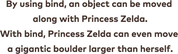 By using bind, an object can be moved along with Princess Zelda. With bind, Princess Zelda can even move a gigantic boulder larger than herself.