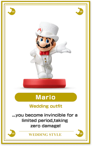 Mario【Wedding outfit】...you become invincible for a limited period, taking zero damage!