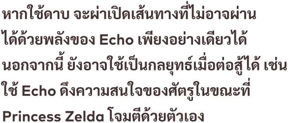 หากใช้ดาบ จะผ่าเปิดเส้นทางที่ไม่อาจผ่านได้ด้วยพลังของ Echo เพียงอย่างเดียวได้ นอกจากนี้ ยังอาจใช้เป็นกลยุทธ์เมื่อต่อสู้ได้ เช่น ใช้ Echo ดึงความสนใจของศัตรูในขณะที่ Princess Zelda โจมตีด้วยตัวเอง