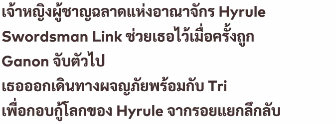 เจ้าหญิงผู้ชาญฉลาดแห่งอาณาจักร Hyrule Swordsman Link ช่วยเธอไว้เมื่อครั้งถูก Ganon จับตัวไป เธอออกเดินทางผจญภัยพร้อมกับ Tri เพื่อกอบกู้โลกของ Hyrule จากรอยแยกลึกลับ