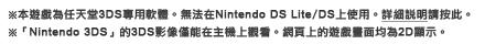 ※本遊戲為任天堂3DS專用軟體。無法在Nintendo DS Lite/DS上使用。詳細說明請按此。 ※「Nintendo 3DS」的3DS影像僅能在主機上觀看。網頁上的遊戲畫面均為2D顯示。