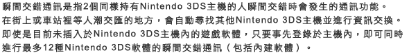 瞬間交錯通訊是指2個同樣持有Nintendo 3DS主機的人瞬間交錯時會發生的通訊功能。
在街上或車站裡等人潮交匯的地方，會自動尋找其他Nintendo 3DS主機並進行資訊交換。即使是目前未插入於Nintendo 3DS主機內的遊戲軟體，只要事先登錄於主機內，即可同時進行最多12種Nintendo 3DS軟體的瞬間交錯通訊（包括內建軟體）。