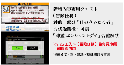 新增內容專用クエスト（冒險任務）神的一部分 「日の老いたる者」討伐過關後，可讓「神靈 エンシェントデイ」 合體解禁