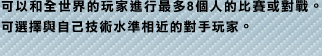 可以和全世界的玩家進行最多8個人的比賽或對戰。可選擇與自己技術水準相近的對手玩家。