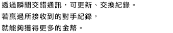 透過瞬間交錯通訊，可更新、交換記錄。若贏過所接收到的對手紀錄，就能夠獲得更多的金幣。