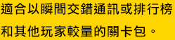 適合以瞬間交錯通訊或排行榜和其他玩家較量的關卡包。