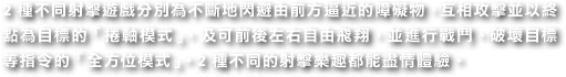 2種不同射擊遊戲分別為不斷地閃避由前方逼近的障礙物，互相攻擊並以終點為目標的 「捲軸模式」，及可前後左右自由飛翔， 並戰鬥、破壞目標等指令的「全方位模式」。2種不同的射擊樂趣都能盡情體驗。